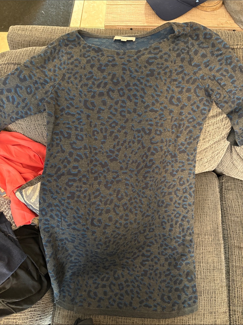 Loft Leopard Print Short Sleeve Sweater Dress in Blue and Gray